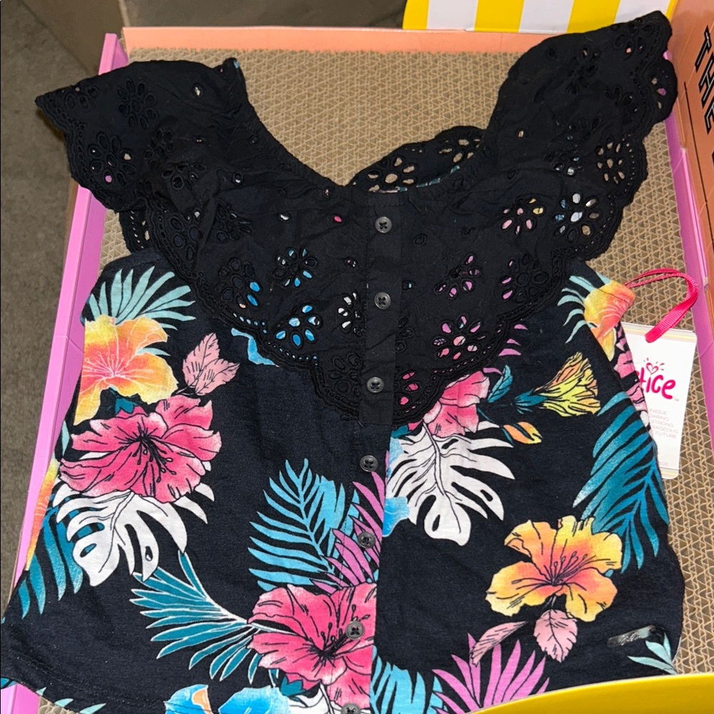 Justice Black and Colorful Floral Ruffle Tank
